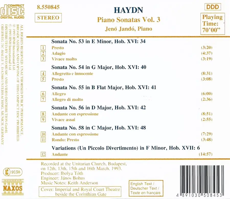 Jenö Jandó Joseph Haydn Piano Sonatas Vol 3 Nos 53 56 58 1993