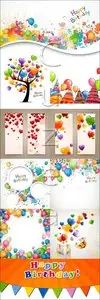 Vector - Happy birthday banners with ballons and hearts
