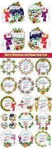 Set of holiday labels with happy snowman in funny hat and scarf, New Year and Christmas design element