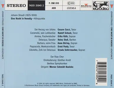 Johann Strauß - Rudolf Schock - Eine Nacht in Venedig [E. W. Korngold Version] (1963, 1994 reissue, Eurodisc # 74321 21345 2)