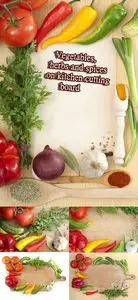 Vegetables, herbs and spices on kitchen cutting board