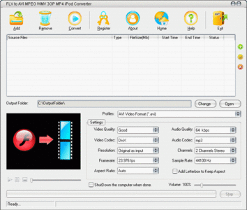 FLV to AVI MPEG WMV 3GP MP4 iPod Converter V3.9.1108