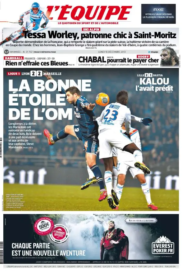 L'Equipe du Lundi 16 Décembre 2013