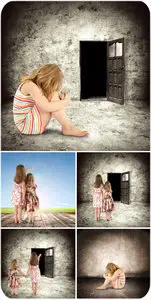 Children in front of the open door, creative - Stock photo