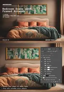 Bedroom Scene with Framed Artwork PSD Mockup Template