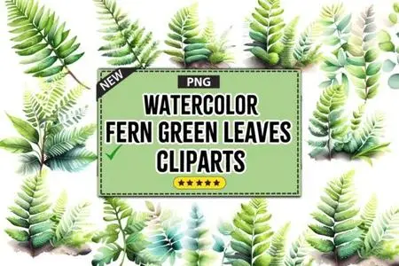 Watercolor Fern Green Leaves PNG Cliparts