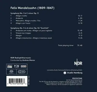 NDR Radiophilharmonie & Andrew Manze - Mendelssohn: Symphonies Nos. 1 & 3 (2017)