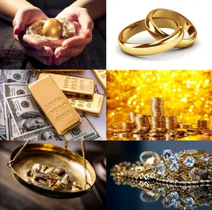 Collection of gold jewelery Rings background is gold bullion jewelry makeup