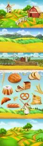 Farm field landscape and wheat with bread 3d illustrations