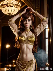AI Sophia Lillis - Belly Dancer Silk Dress Gold Coin Belt Palace Dungeons And Dragons Eastern Exotic Redhead armpit (AI Generat