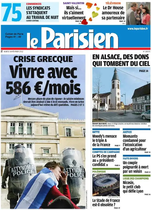 Le Parisien + Cahier Paris du Mardi 14 Février 2012