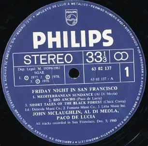 John McLaughlin / Al Di Meola / Paco De Lucía ‎– Friday Night In San Francisco {Original SP} Vinyl Rip 24-96