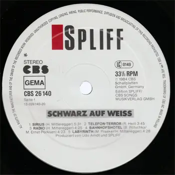 Spliff - Schwarz Auf Weiss (CBS 26140) (GER 1984) (Vinyl 24-96 & 16-44.1)