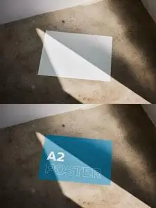 Horizontal A2 Paper Poster Mockup WIth Sunlight 544818107