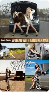 Woman with a broken car - Stock Photo