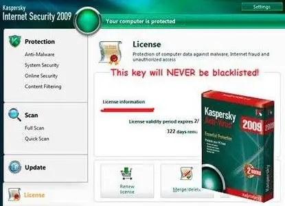 Kaspersky Internet Security (KIS) 2009 version 8.0.0.357 + Blacklist Proof key
