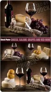 Stock Photo: Cheese, salami, grapes and red wine