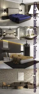 Chic luxury hotel gold, black, bedroom, chandelier perspective
