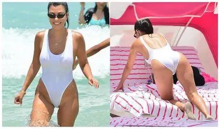 Kourtney Kardashian in White Swimsuit on the Beach in Miami 06-11-2017