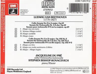 Beethoven - Du Pre / Bishop-Kovacevich - Cello Sonatas 3 & 5 (1967, 1988 cd reissue, EMI # CDM 7 69179 2)