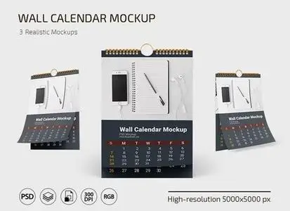 Wall Calendar PSD Mockup - 3 Realistic Mockups