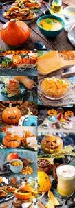 Pumpkin seasonal food different dishes and Halloween design