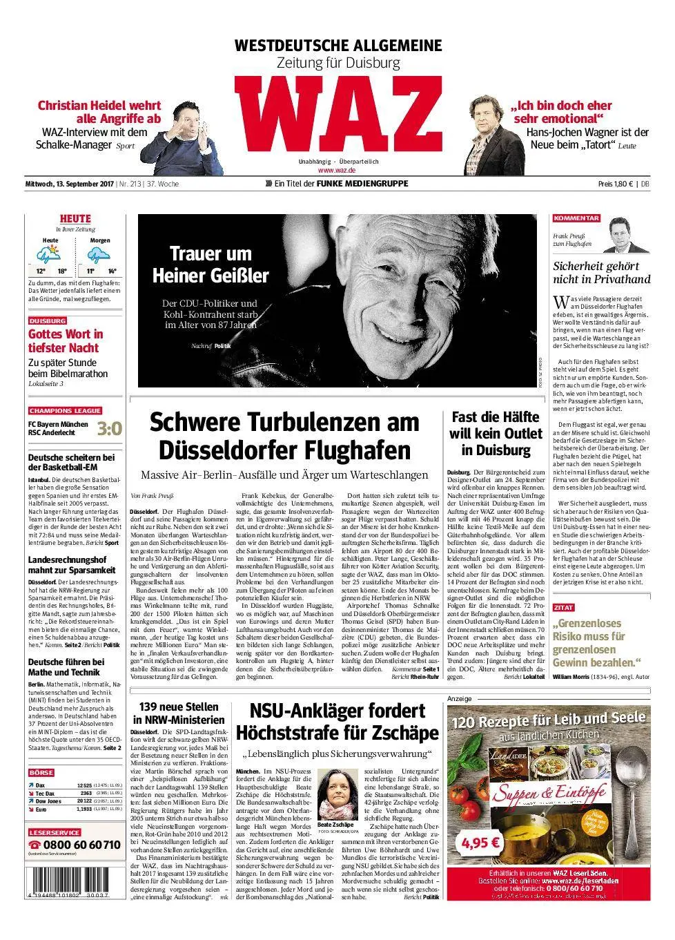 WAZ Westdeutsche Allgemeine Zeitung Duisburg-Mitte - 13. September 2017