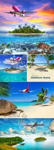 Stock Photo - Airplane Flying to Tropical Island