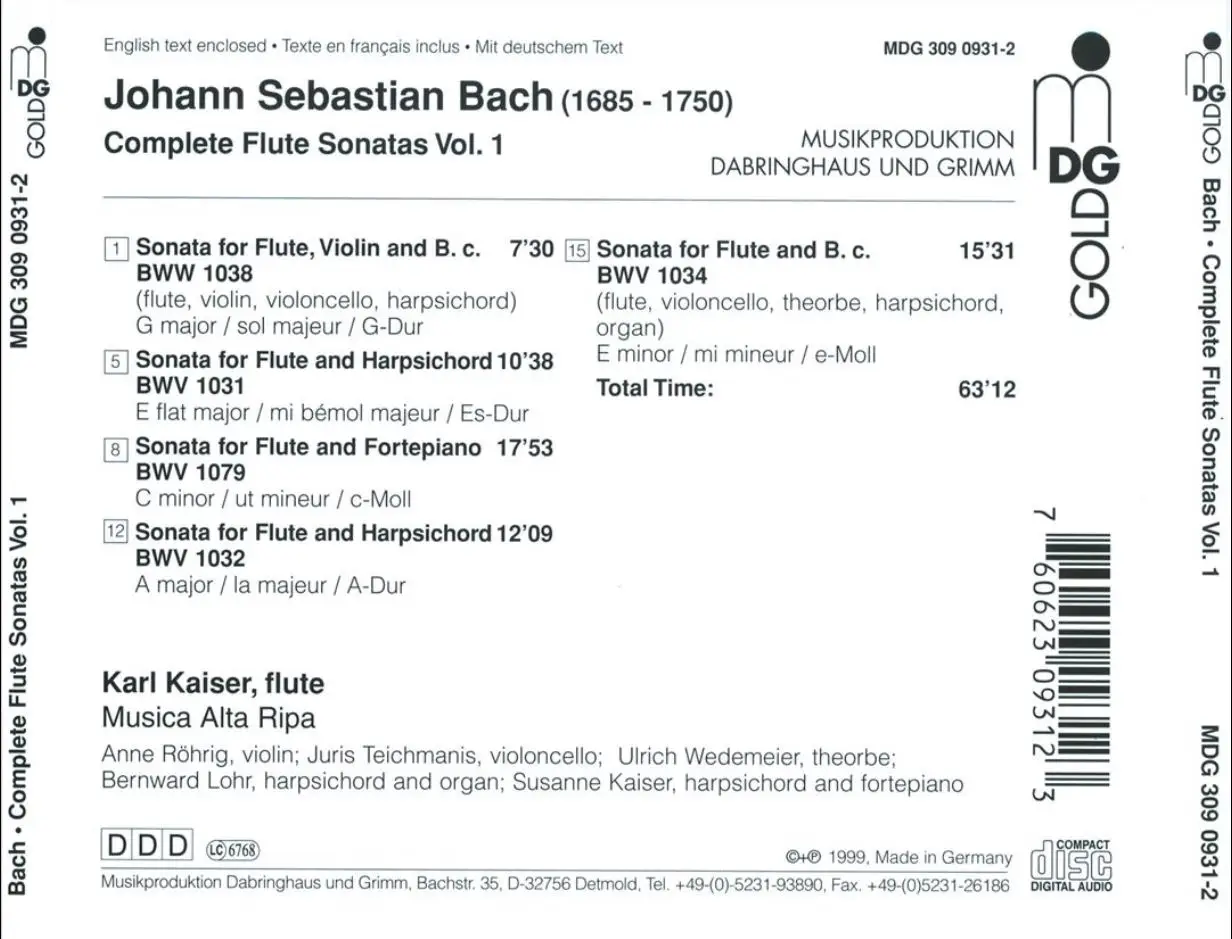 Karl Kaiser, Musica Alta Ripa - J.S. Bach: Complete Flute Sonatas (1999)