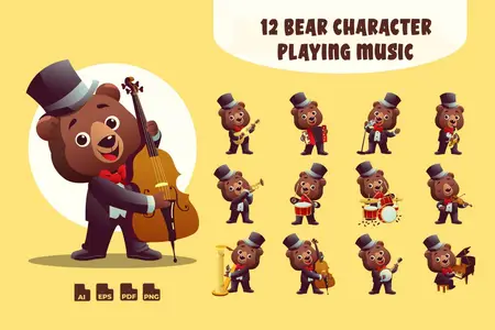 EE - Bear Musicians Cartoon Character Pack W2R9AP5