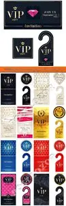VIP party invitation card warning hanger and square label badge vector