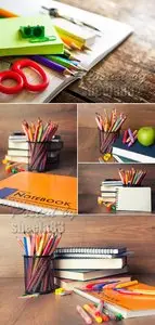 Stock Photo - School Supplies on Wooden Background