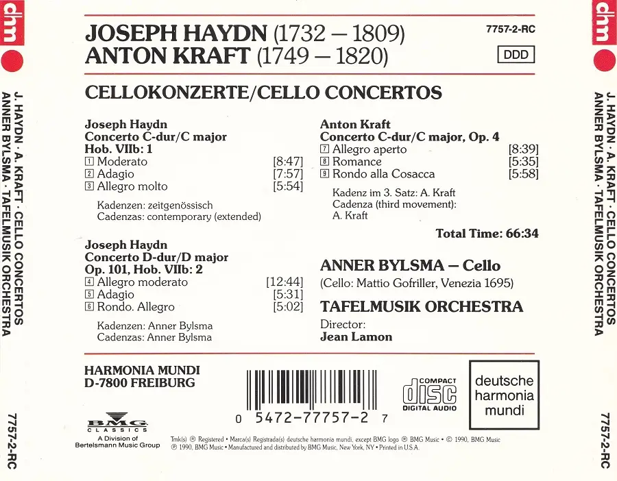 Anner Bylsma, Jean Lamon, Tafelmusik Baroque Orchestra - Joseph Haydn, Anton Kraft: Cello Concertos (1990)