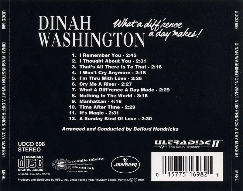 What a difference a day makes. Dinah Washington what a difference a Day makes. What a diff'rence a Day makes. MFSL UDCD 649. MFSL UDCD 519.