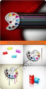 Watercolor palette and bobbins of thread vector