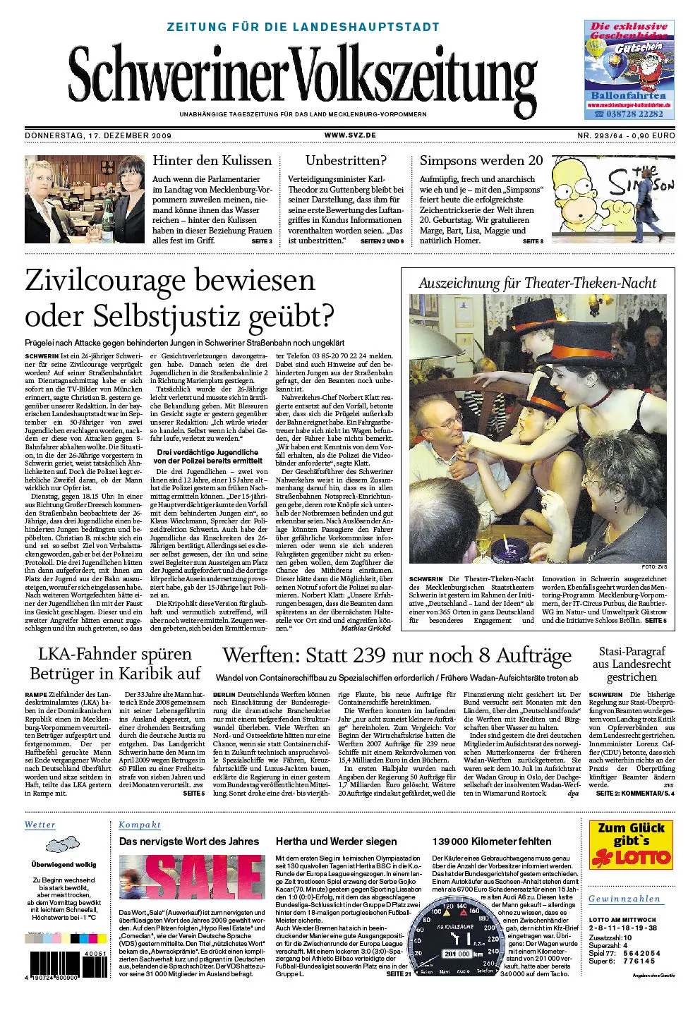 Schweriner Volkszeitung 17.12.2009 (Ausgabe Stadt Schwerin)