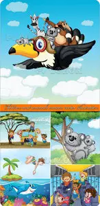 Children and animals cartoon vector illustration