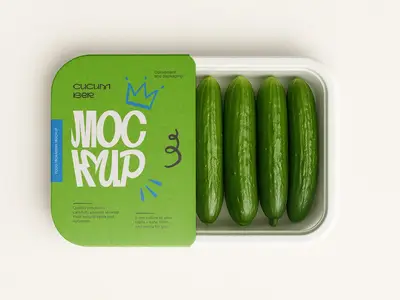 Food Tray Packaging Mockup - Realistic Fresh Cucumber Container with Label Design 1666884397