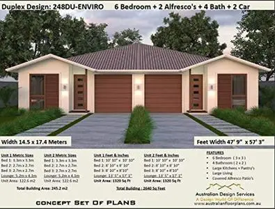 Exclusive Duplex 6 Bedroom House Plans - Spectacular Narrow Land Design 248DU Enviro