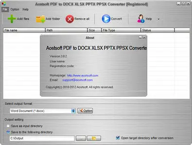 Aostsoft PDF to DOC XLS PPT PPS Converter v3.8.2 