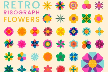 EE - Retro Risograph Style Flowers Floral Elements A3DG89T