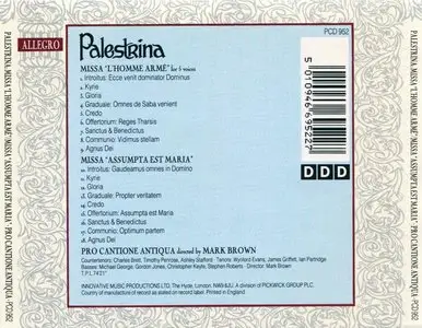 Palestrina: Missa "L'homme armé" - Missa "Assumpta est Maria" -- Pro Cantione Antiqua, Mark Brown