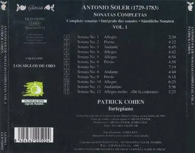 Antonio Soler - Sonatas completas, Vol. I - Patrick Cohen, fortepiano (1996) {Glossa GCD 920502}