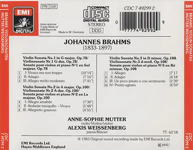 Johannes Brahms - Anne-Sophie Mutter / Alexis Weissenberg - Violin Sonatas Nos.1-3 (1988)