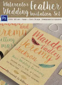 GraphicRiver - Watercolor Feather Wedding Invitation Set