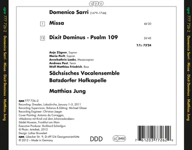 Matthias Jung, Batzdorfer Hofkapelle, Sächsisches Vocalensemble - Domenico Sarri: Dixit Dominus; Missa (2012)