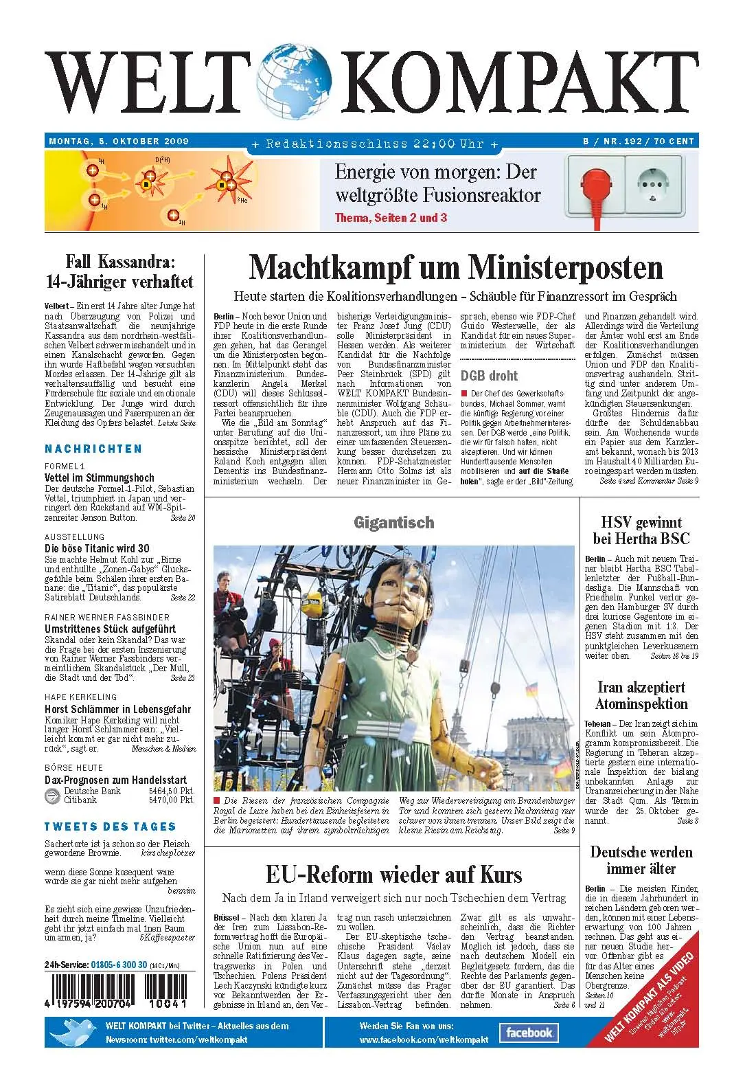 Die Welt kompakt vom 5. Oktober 2009