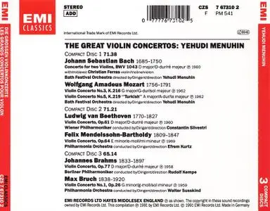 Yehudi Menuhin - The Great Violin Concertos: Bach, Mozart, Beethoven, Mendelssohn, Brahms, Bruch [3CDs] (1991)