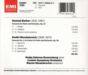 Nadja Salerno-Sonnenberg, London Symphony Orchestra, Maxim Shostakovich - Barber, Shostakovich: Violin Concertos (1992)