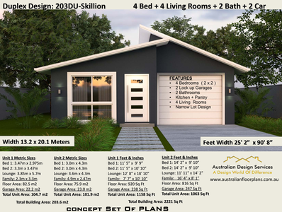 Skillion Roof Duplex Design- 4 Bedroom dual Family House Plan 203DU-Skillion
